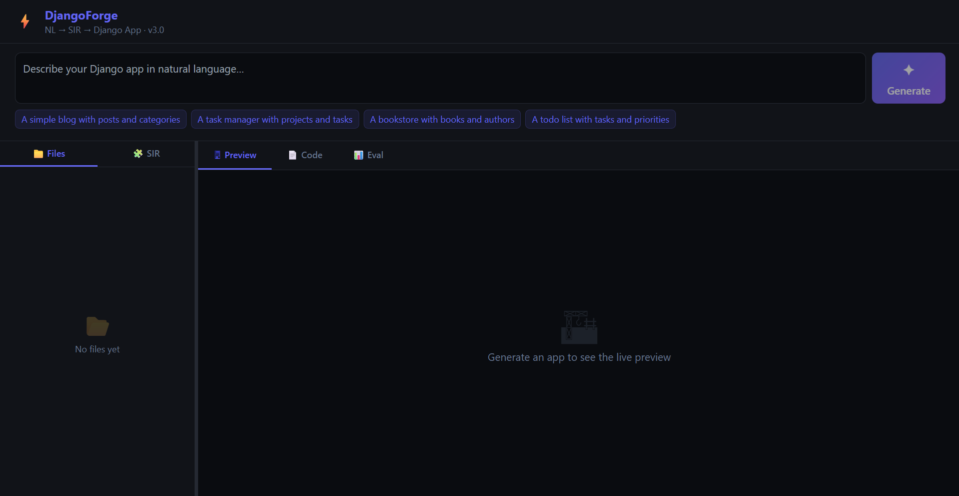 DjangoForge empty state with prompt box and example prompts