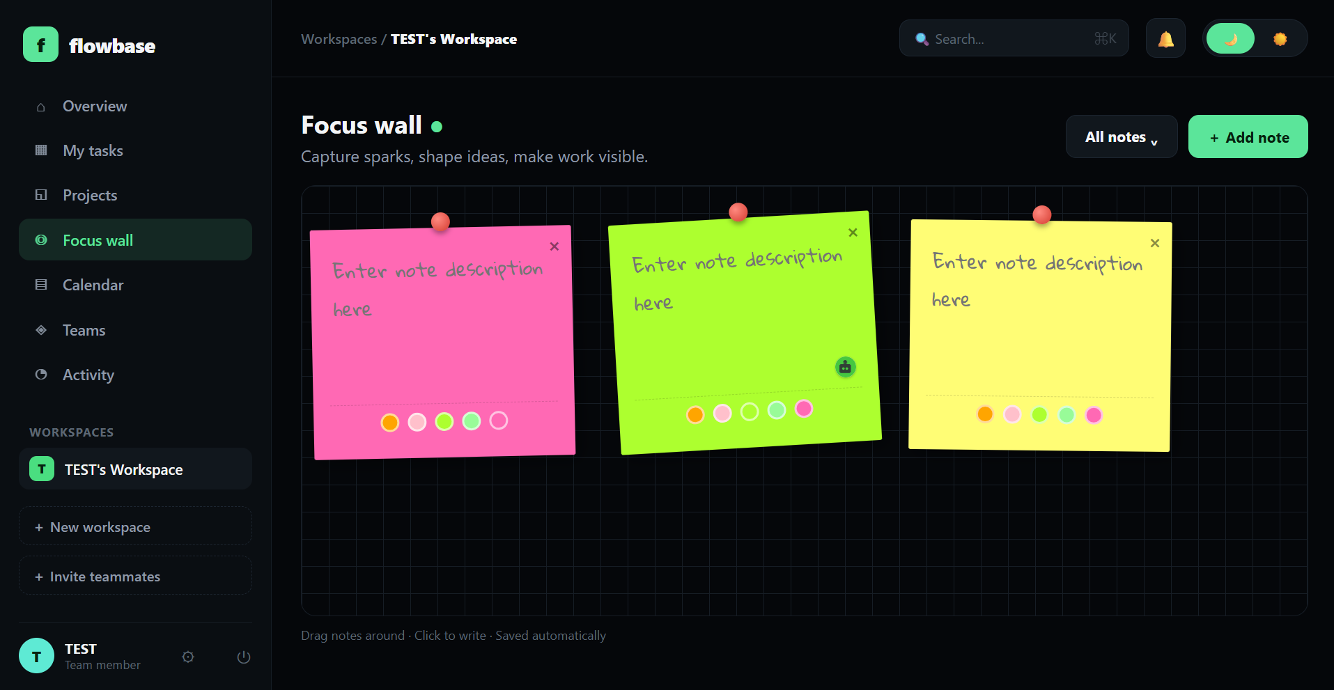 Flowbase Focus Wall with draggable sticky notes