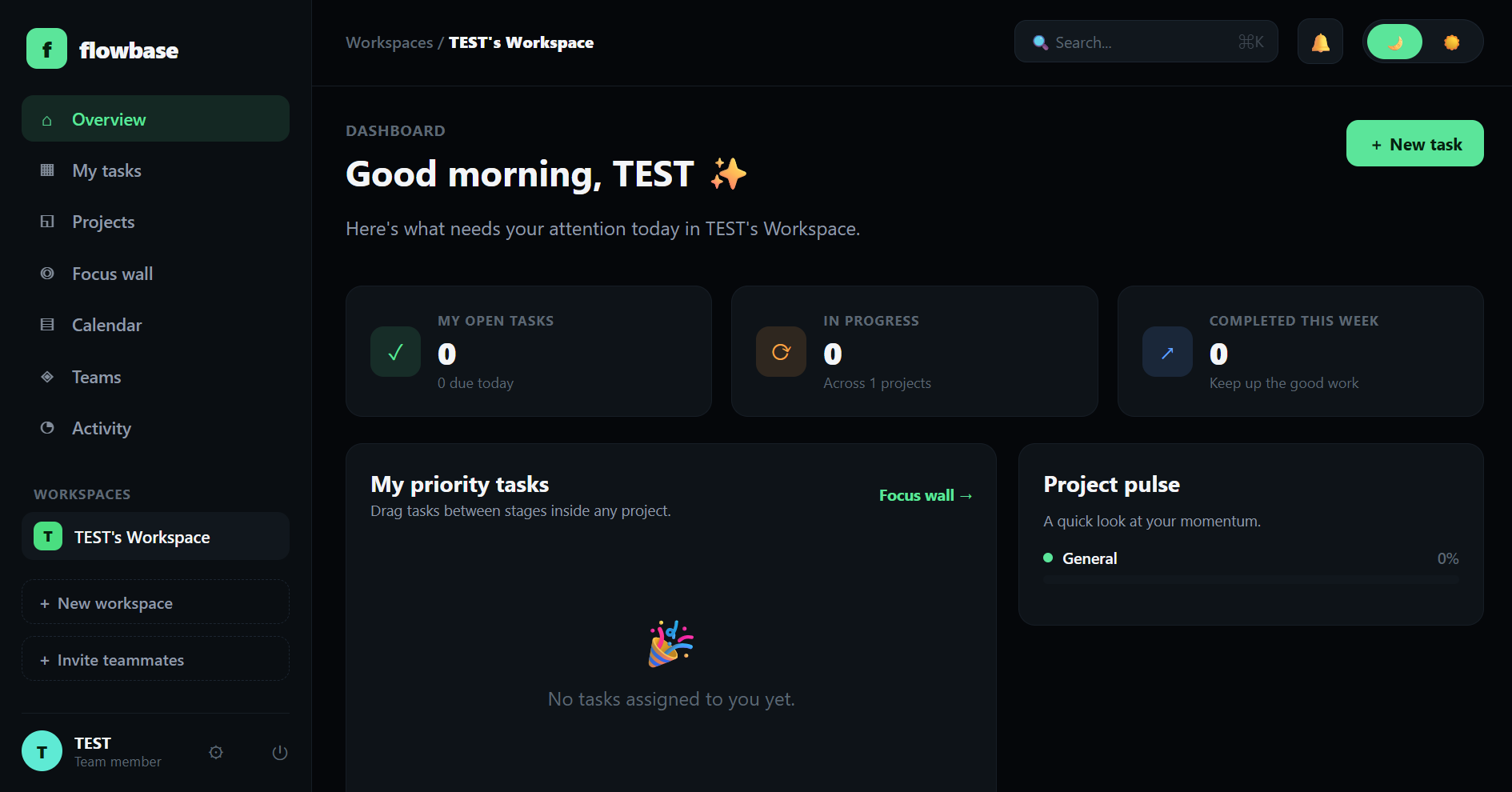 Flowbase workspace dashboard with tasks and project pulse widgets