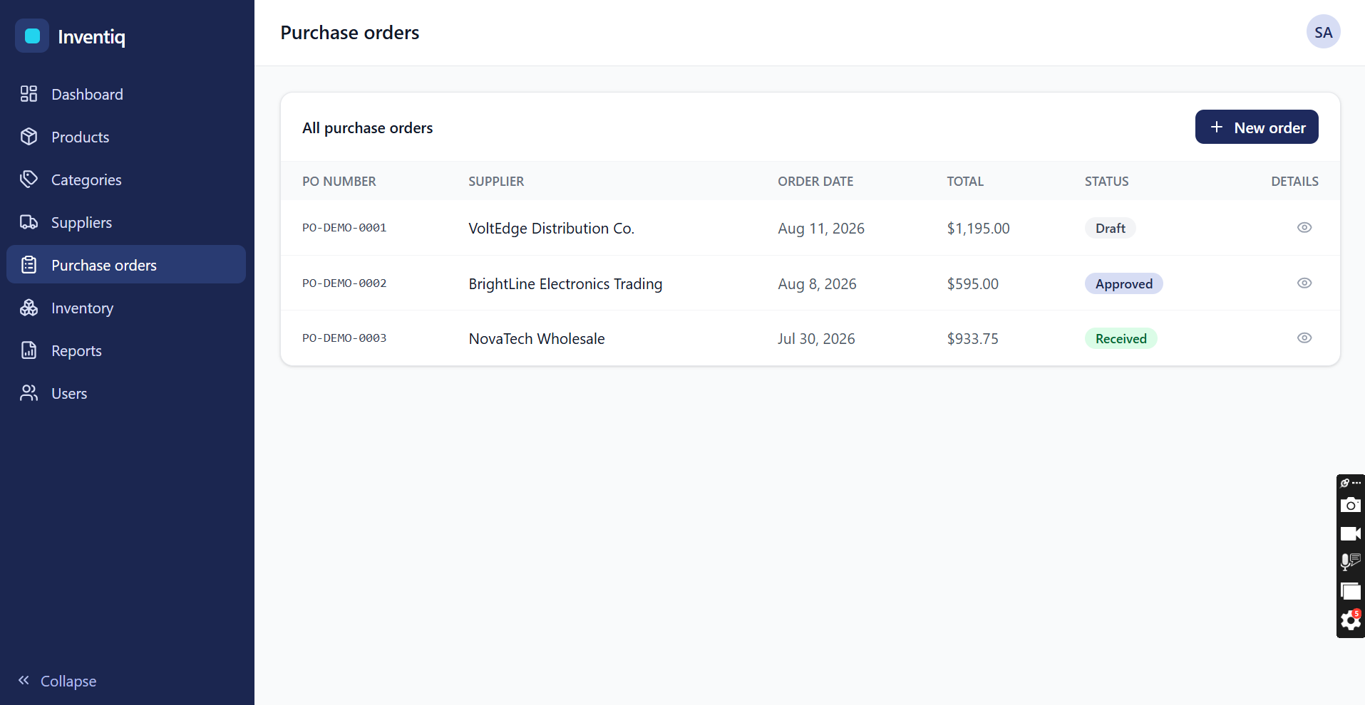 Inventiq purchase orders list with status badges