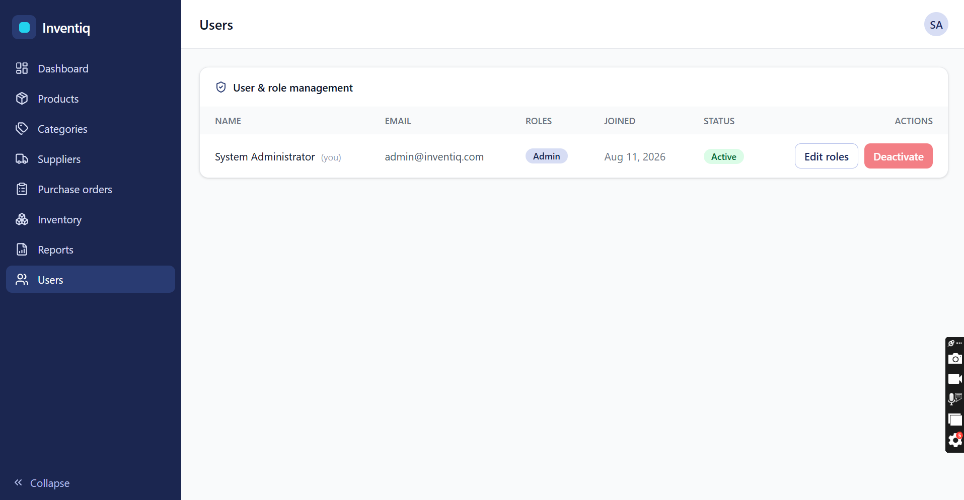 Inventiq user and role management screen